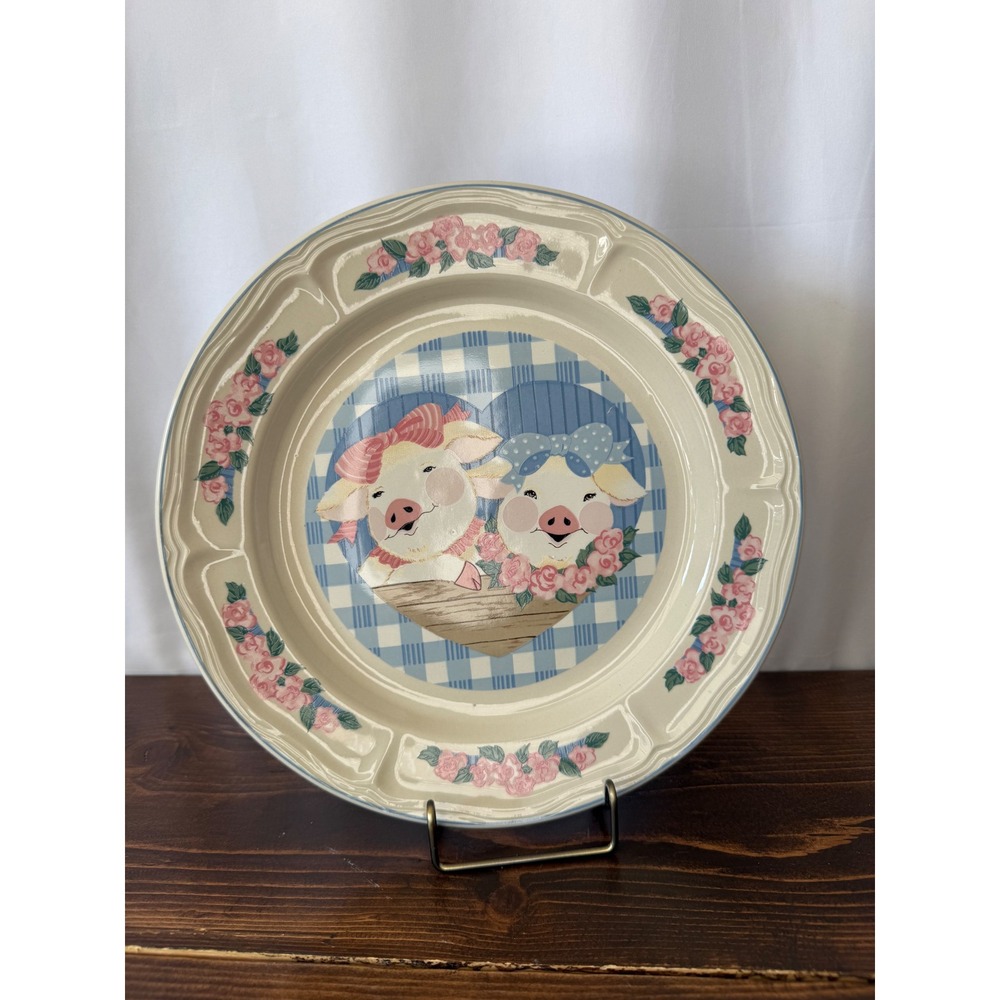 VTG Tienshan Stoneware Pig Pal Dinner Platter Blue Gingham  Farmhouse 12 Inch